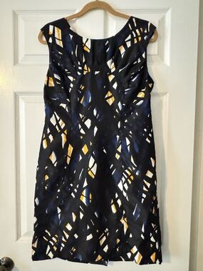 Tahari Black Dress with Navy, Yellow & White Abstract Print